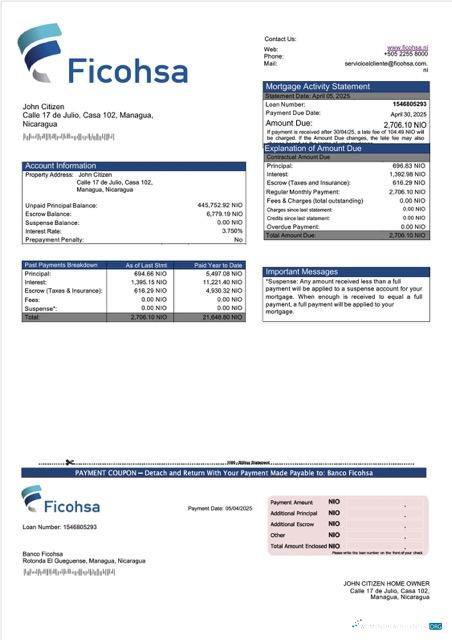 Download Nicaragua Banco Ficohsa mortgage statement Word and PDF template Photoshop template